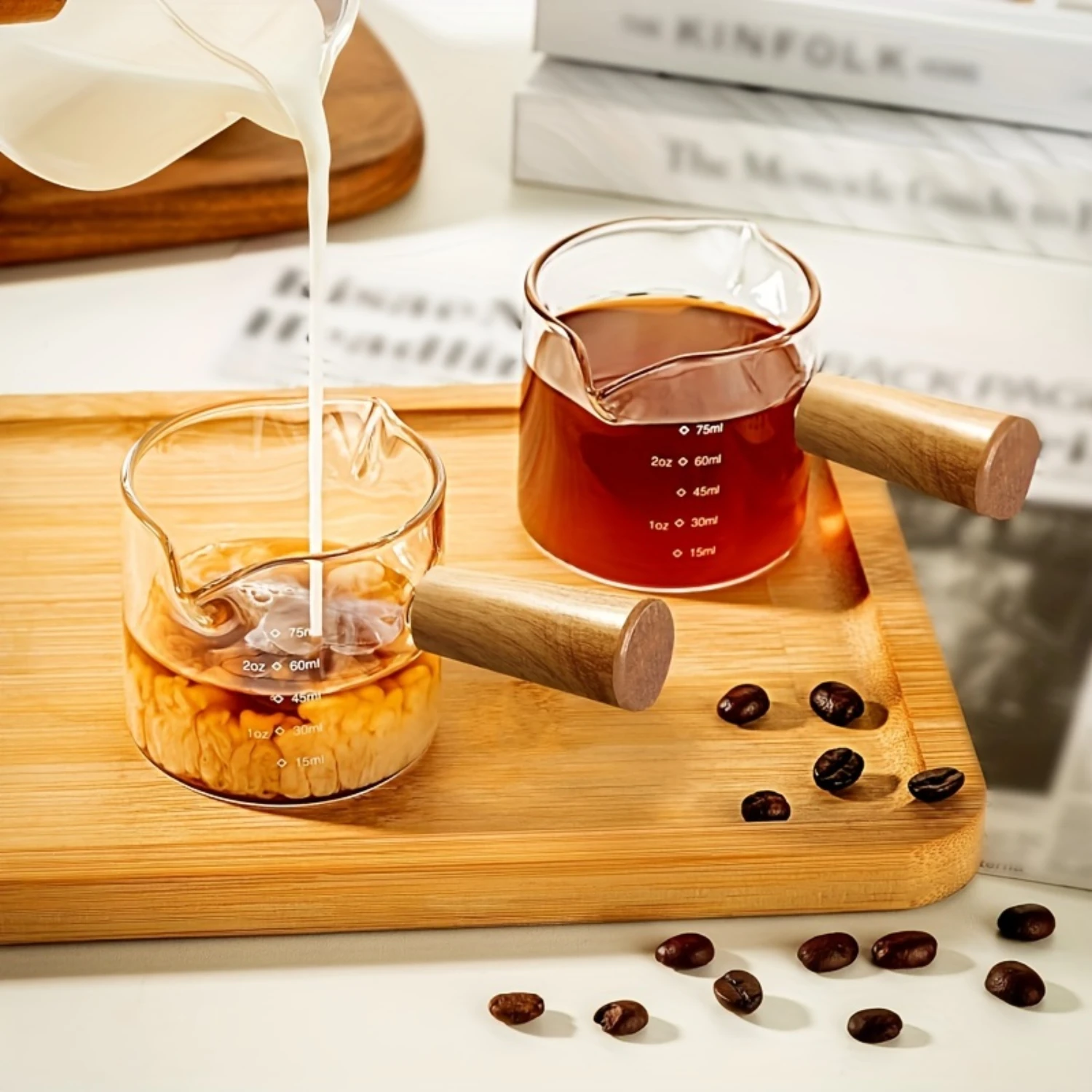 100ML Wooden Handle Milk Can, Coffee Small Cup with Double Nozzle Measuring Cup for Espresso Cafe - Eid Al-Adha Mubarak!