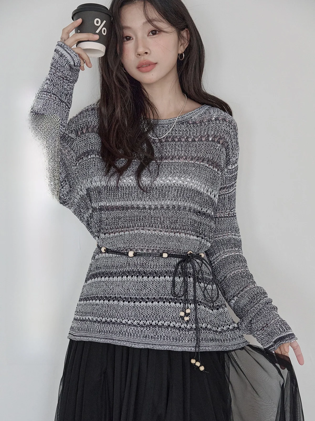 

HuiXi ey Knitted Sweater Women's round Ne Waist Cinched Hollow out Top Korean Sle Casual Loose Fit Long Sve