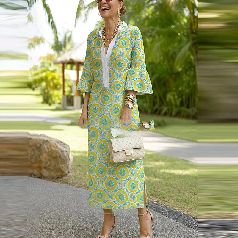 Womens Elegant Floral Print V-Neck Boho Dress Spring Retro Half Sleeve Loose Long Dress Summer Casual Side Split Commuting Dress