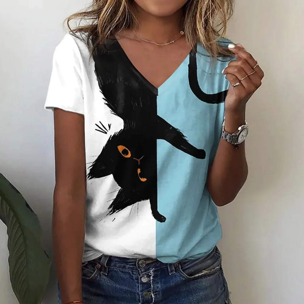 3D Funny Cats Print T Shirts For Women V-neck Short Sleeve Casual Fashion Kawaii Graphics T-shirt Oversized Female Girls Clothes