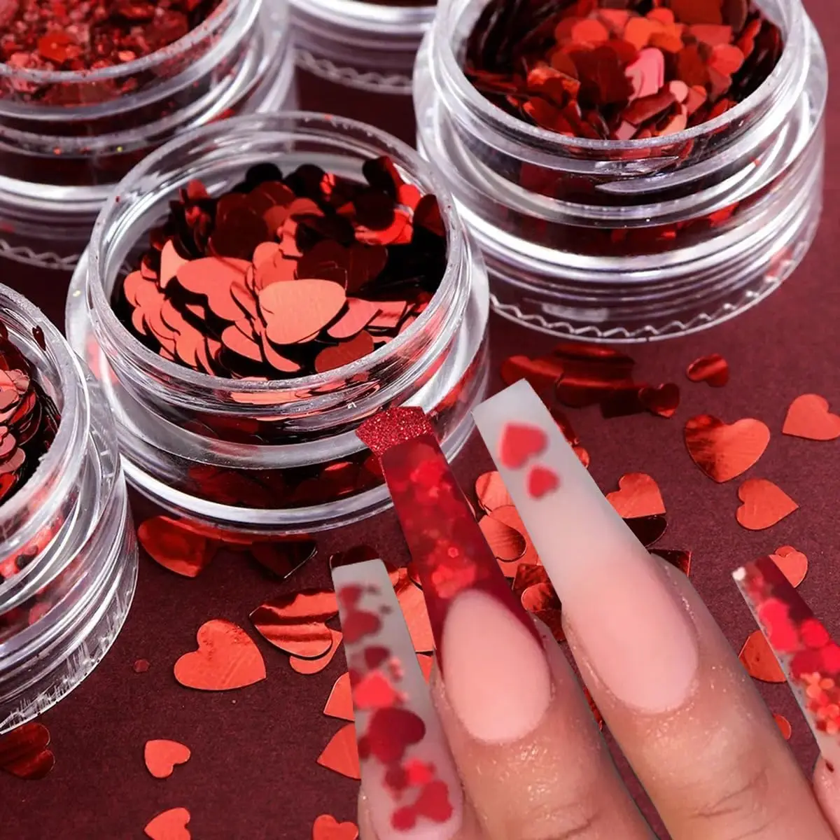 6-dozen Rood Liefde Hart Nagel Pailletten Laser Rode Nagel Glitter Poeder Valentijnsdag Decoraties Nail Art Vlokken Nail Art Supplies