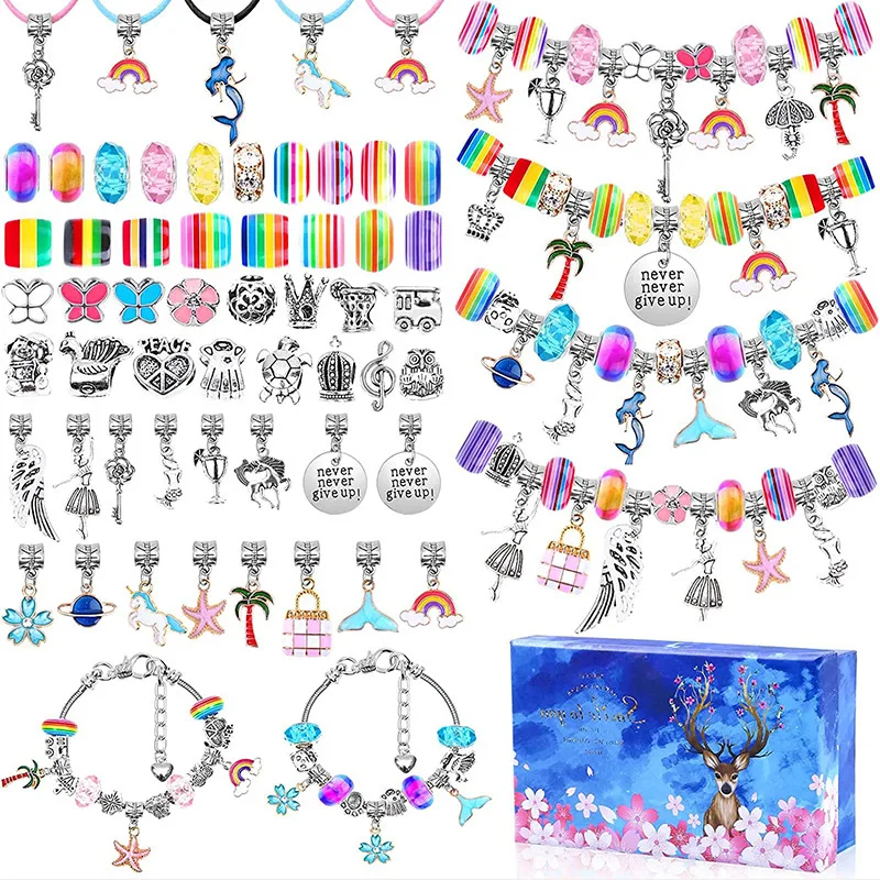 112pcs Charm Bracelet Making Kit Box Birthday Party Favors Unicorn Mermaid Jewelry Bracelet DIY Kit Christmas Perfect Girls Gift
