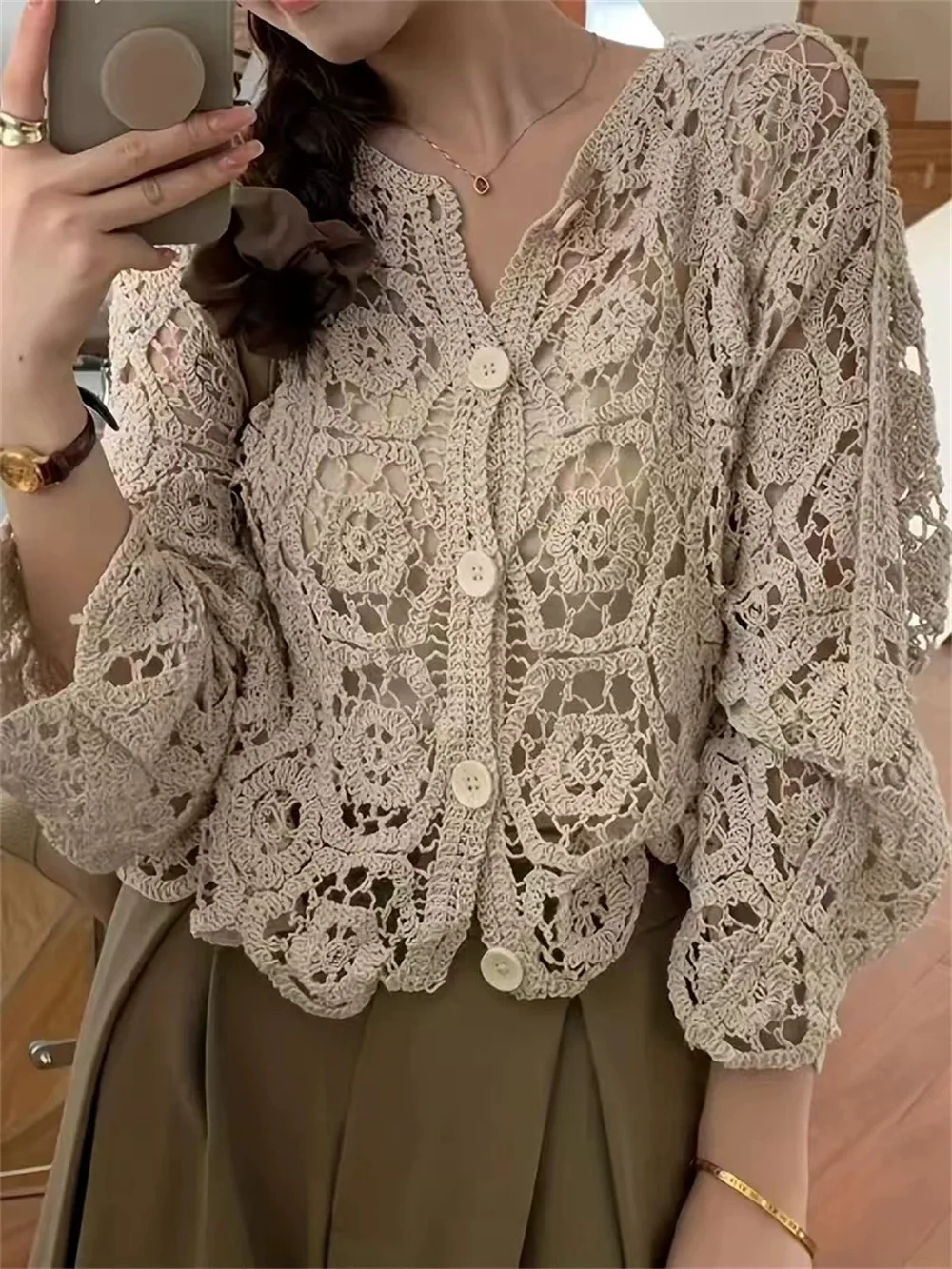 Hollow Knit Top Women's Outerwear Thin Lace Sun Protection Cardigan Air-conditioned Shirt Shawl Jacket Long Sleeve Top Sweater