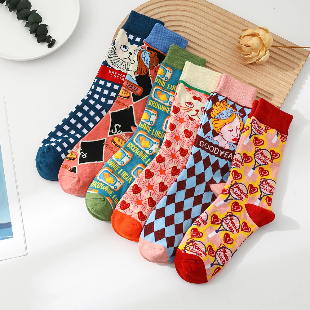 6 paar/batch Mode Cartoon katze Männer Socken Weiche Atmungsaktive Baumwolle Lange socken Casual Socken Harajuku Glücklich Strümpfe Spaß socken Geschenk