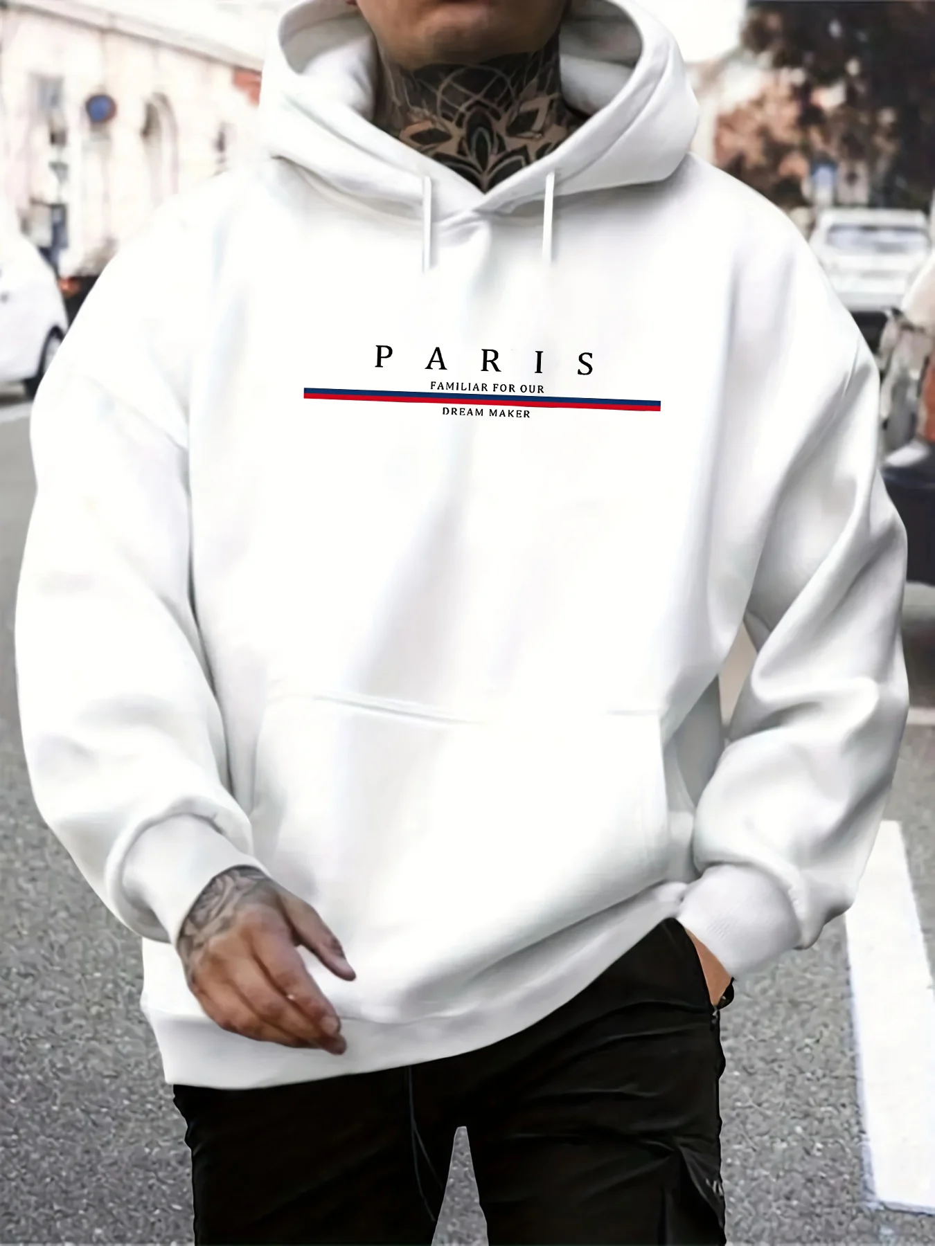 سويت شيرت رجالي للخريف والشتاء كاجوال فضفاض بقلنسوة مطبوع عليه حروف باريس بلوفر دافئ بأكمام طويلة