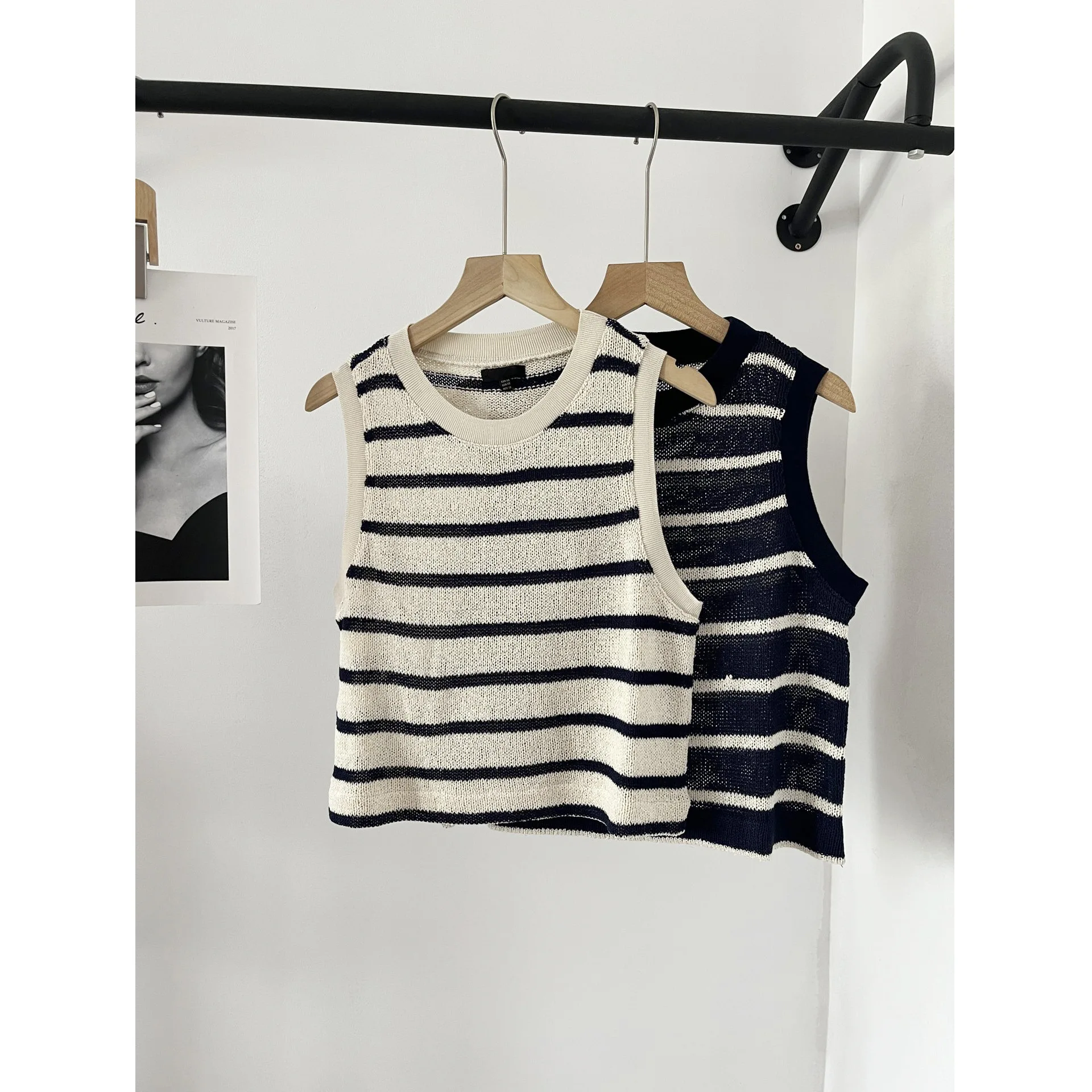 

Summer new casual cotton sleeveless crew neck striped knitted vest top women