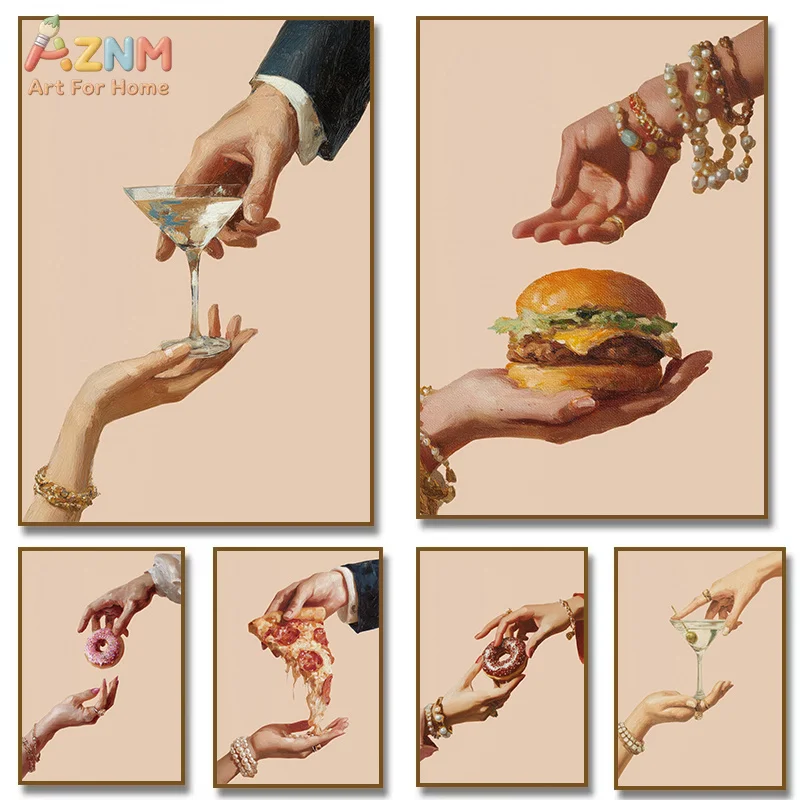 AZNM - Póster de lienzo vintage con diseño de comida, hamburguesa, pizza, cóctel, donut, pintura al óleo clásica, para cocina, comedor, sin marco