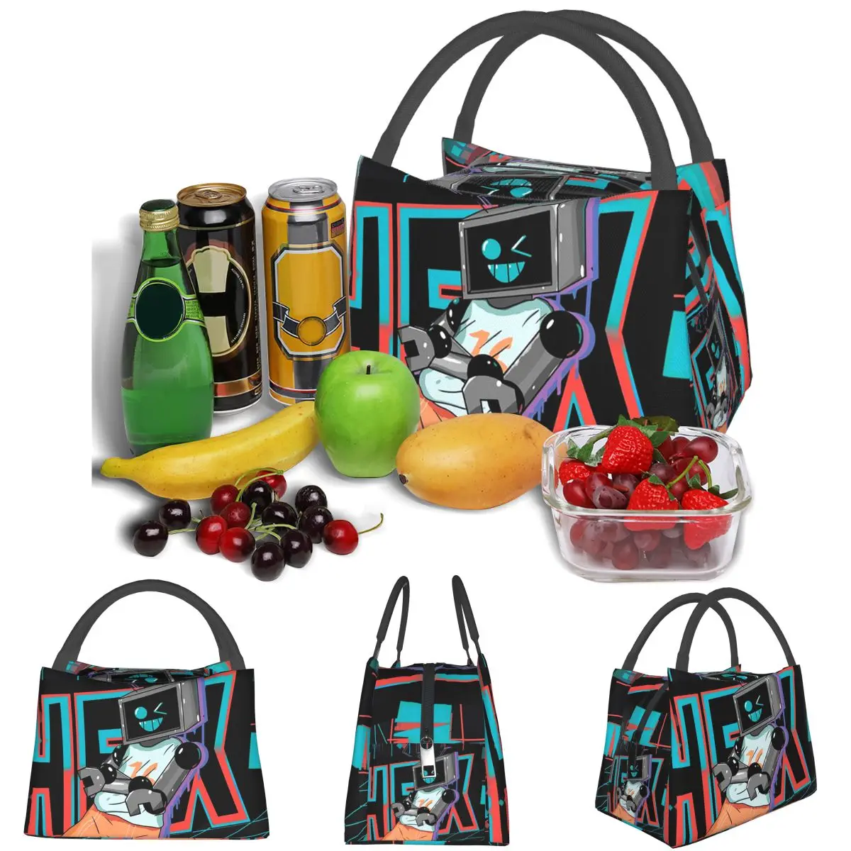 Fnf Hex Neon Artwork Lightweight Handheld Insulated Lunch Bag Aluminum Foil Liner for Adults Students Travel Picnic