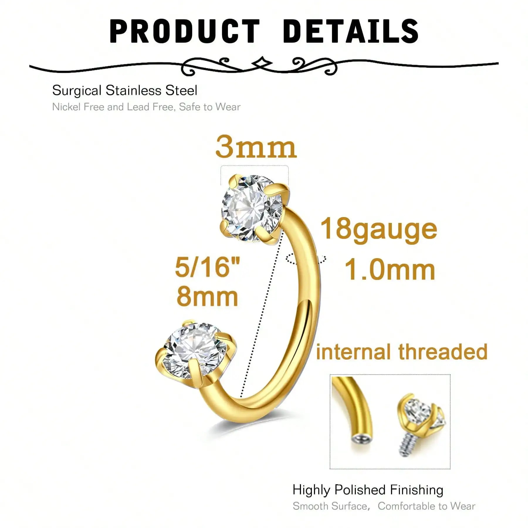 5pcs Gold Horseshoe Nose Ring 18g Double Gem Horse Shoe Nose Ring Hoop For Women Surgical Steel Half Hoop U Shape Tragus Earring