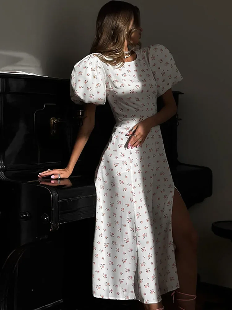 Printed Backless Slit Long Dress Women's Summer Round Neck Puff Sleeve High Waist Color Block Casual Elegant Long Dress