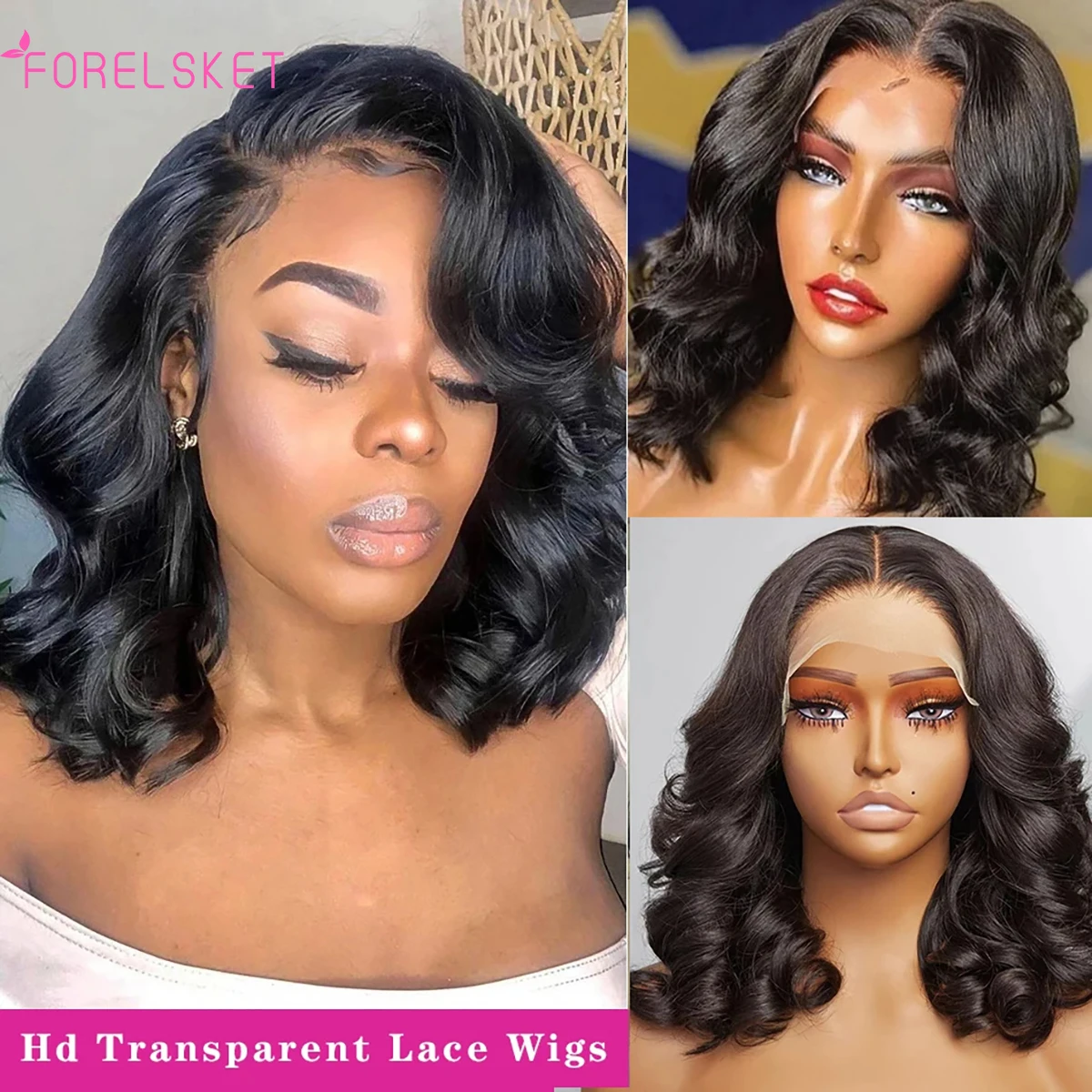 Perruque Bob Lace Wig Body Wave Brésilienne Naturelle, Cheveux Vierges, 13x4, Pre-Plucked, Densité 180%, Partie Latérale, pour Femme Africaine