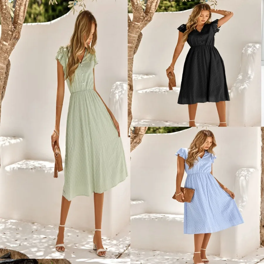 

【New style】New Summer Independence casual women's clothing pure color V-neck waist waist fresh style dress