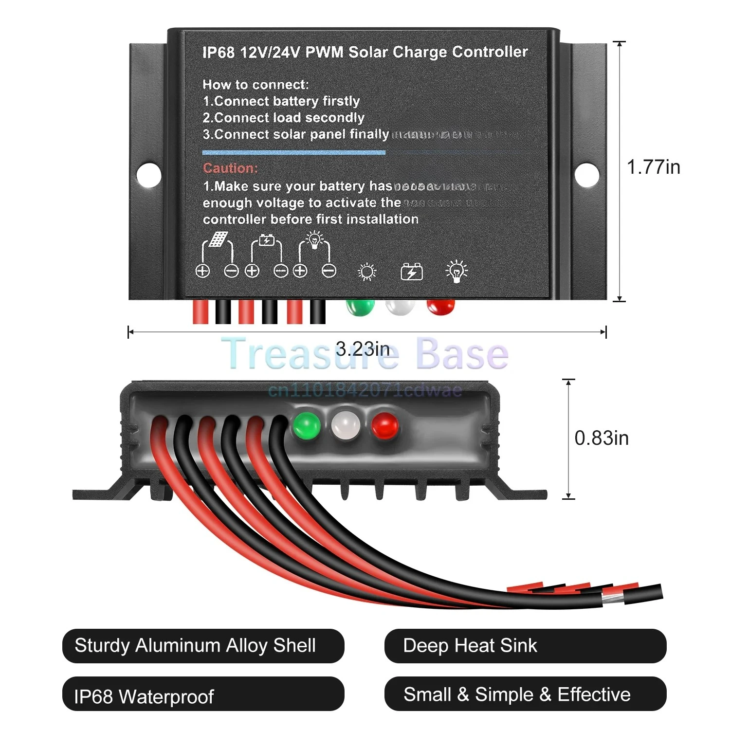 10A 20A 12V 24V Waterproof PWM Solar Charge Controller, IP68 Mini Solar Regulator With Cable