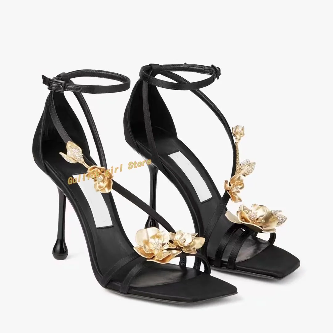 2024 Summer New Arrivals Floral Sandals Square Toe Thin High Heel Cross Strap Black Dress Women Boots