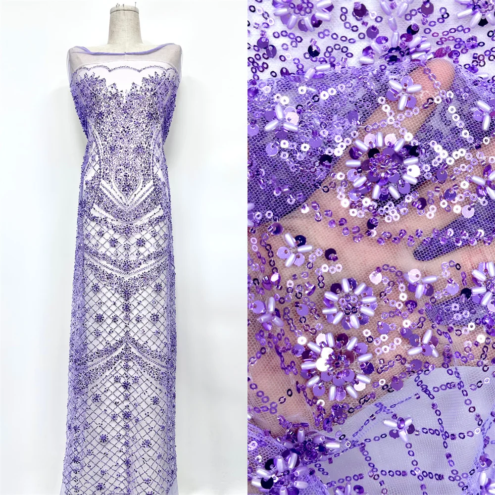 

French Beads Mesh Tulle Lace Fabric High Quality 5 Yards African Sequins Lace Fabric Elegant Wedding Dress for Women