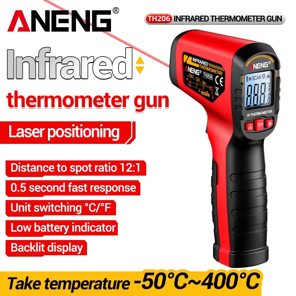 ANENG TH206 Digital Infrared Thermometer Gun ‑50℃~400℃ 12:1 D:S Ratio Laser  Data‑hold for Industrial Repair BBQ Cooking