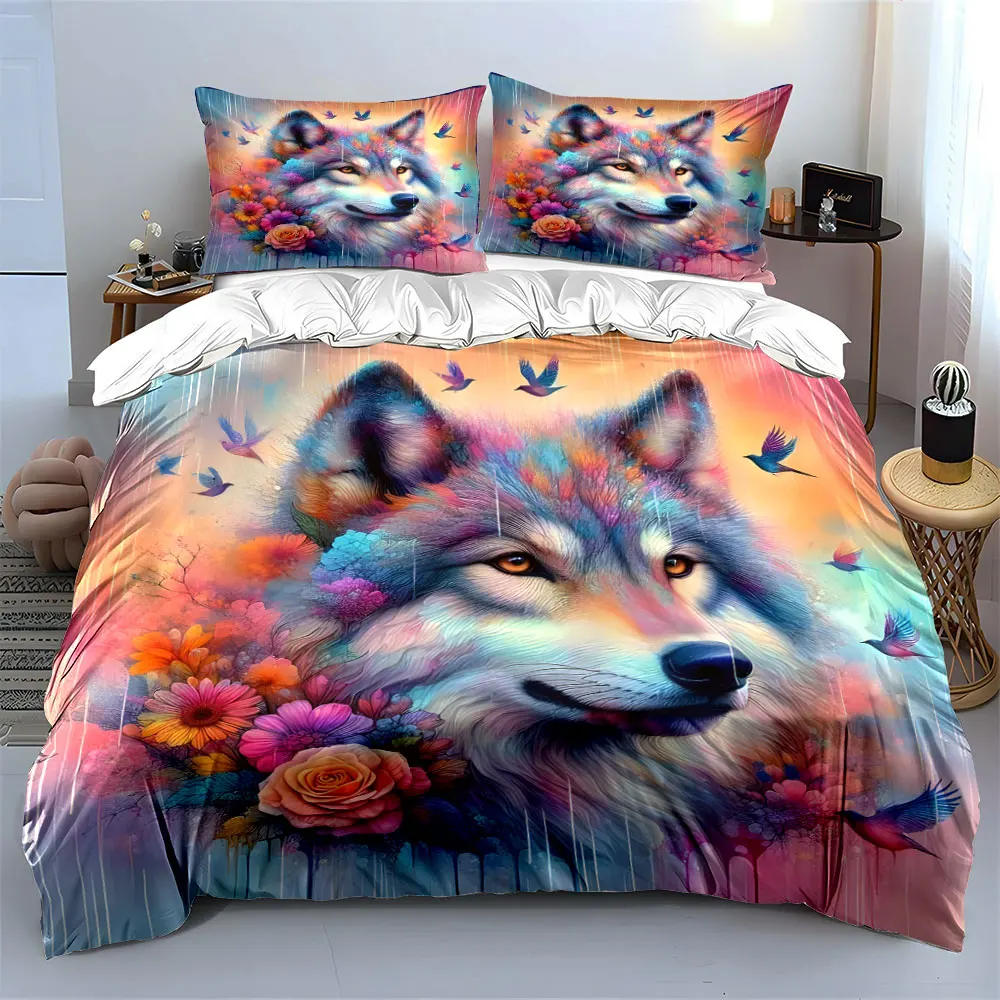 Colorful Wolf Art Decor Set Multiple sizes kid's and adults' bedroom Exquisite 3PC bedding set, gift