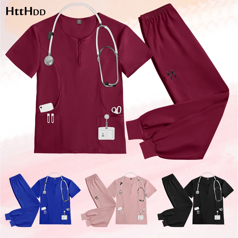 

Women's Hospital Uniforms Wholesale Nurse Set Surgical Gown with Stretch Short Sleeves Sets Dental Clinic Beauty Salon Work Wear
