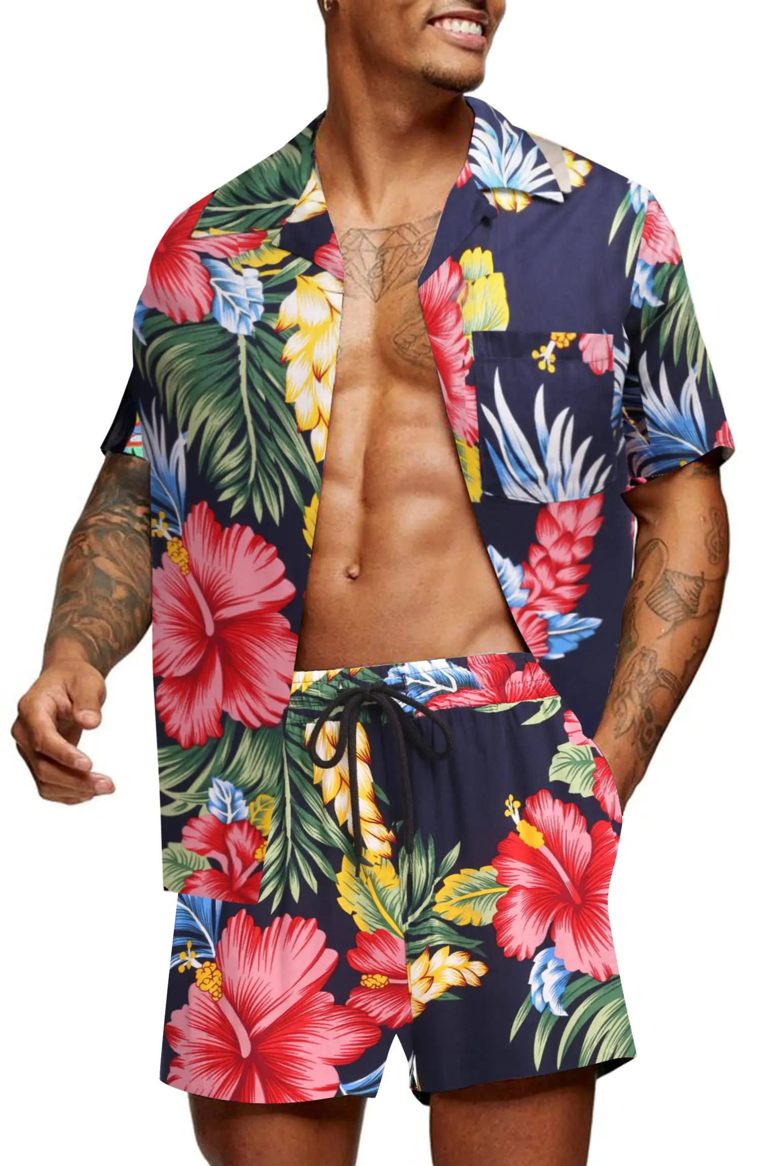 Conjunto de Shorts e Camisa de Manga Curta Masculino, Elástico Respirável, Estampado Vegetal, Yacht Party, Casual, Conjunto 2 Pcs, MB5-MA4