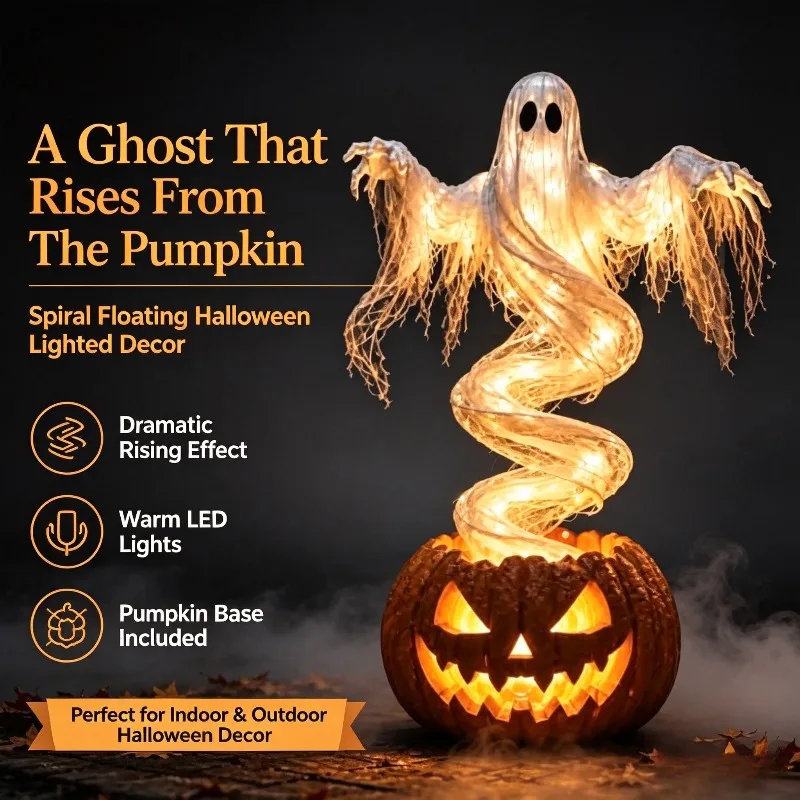 Swirling Ghost Pumpkin Yard Lamp, Lighted Spooky Ghost Statue,Halloween Swirling Ghost Pumpkin Light,Outdoor Porch Pathway Decor