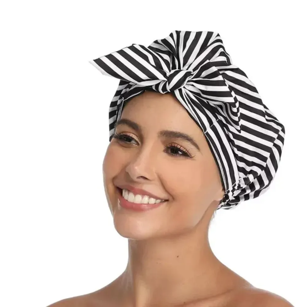 Large Adjustable Bowknot Shower Cap Reusable Waterproof Bath Cap Women Fashion Shower Cap for Long Hair Braids