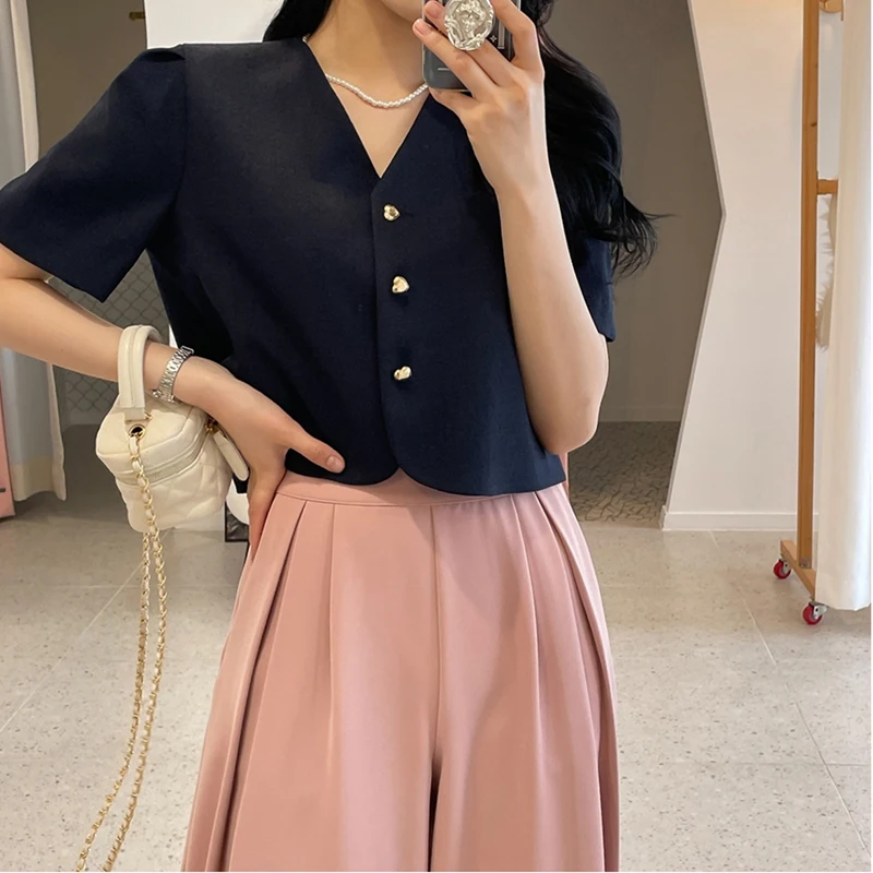 

Куртка в корейском стиле с свободными рукавами-фонариками, женская, с V-образным вырезом, на одной пуговице, повседневная, универсальная, однотонная, весна-осень-зима