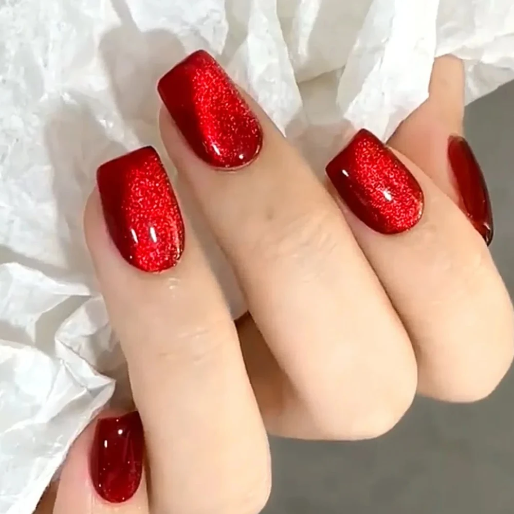 

Sparkling Cat Eye Red Wearable Nail Art Fashion Shiny Fake Nails Detachable Finished False Nails Full Cover Press on Nails