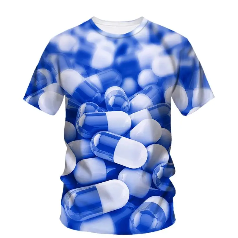 Summer Men's Fashion New Creative Pill Graphics 3d Hd Printing Bohemian Personality T-Shirt Trend Fun Crew Neck Short Sleeve