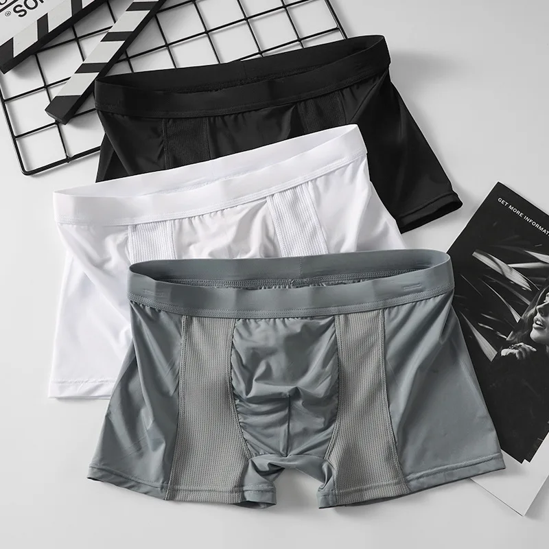 Men's Boxers Summer Breathable Air-Conditioning Shorts Spliced Mesh Cool Silky Underwear U Convex Pouch Lingerie Underpants