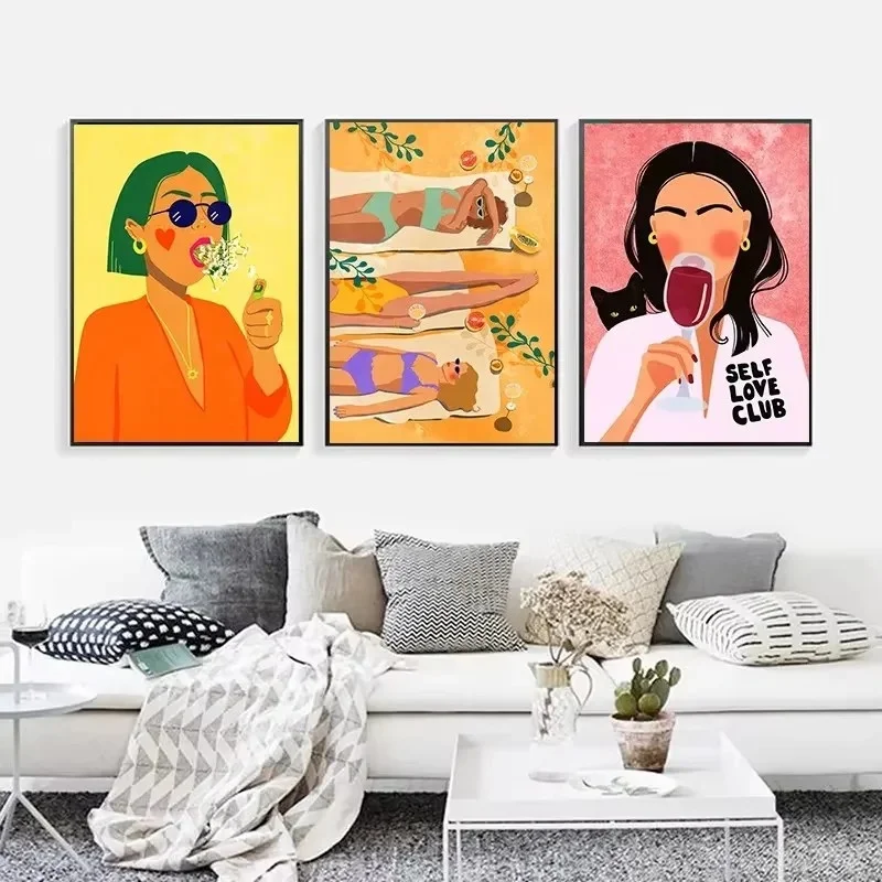 الملونة بوهو قماش اللوحة مثير فتاة شرب النبيذ الفاكهة مجردة جدار الفن الملصقات وطباعة جدار صور لغرفة المعيشة ديكور #3