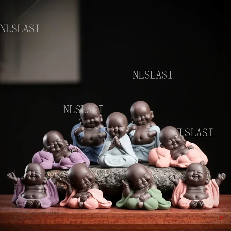 Cute Laughing Buddha Tea Pet Zisha Mini Monk Figurine Colorful Robe Little Maitreya Statue Kung Fu Tea Tray Desktop Ornament