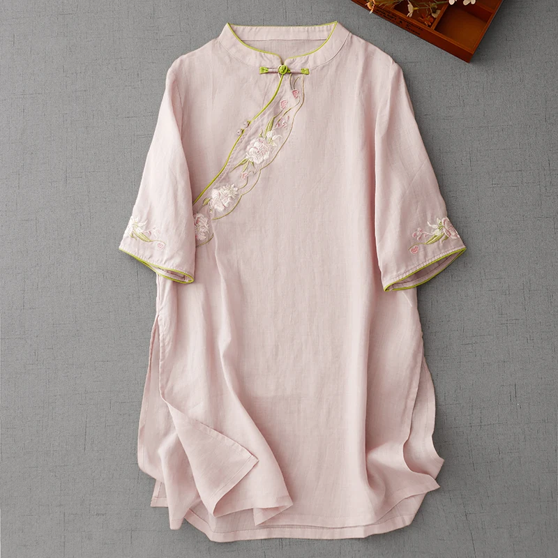 Nova Csa Estilo Mamãe de Verão, Bordada, em Mistura de Aodão e Linho, Manga Cinco-Quartos, Gola Alta, Top Casual de C...