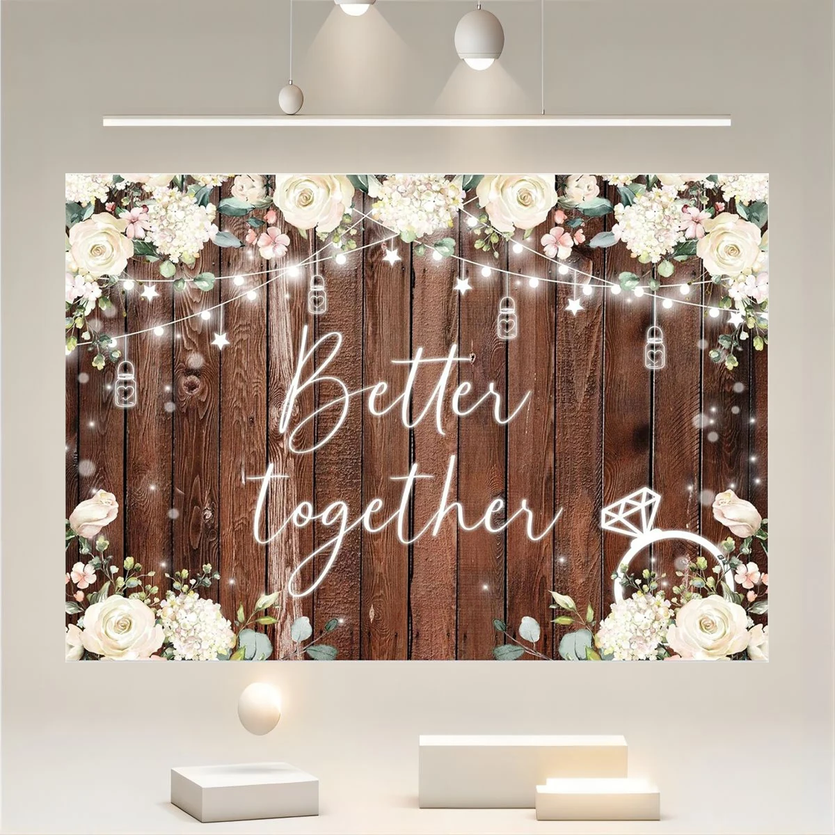 Better Together background is suitable for bridal showers, weddings, rural wooden white flowers, engagement party decorations