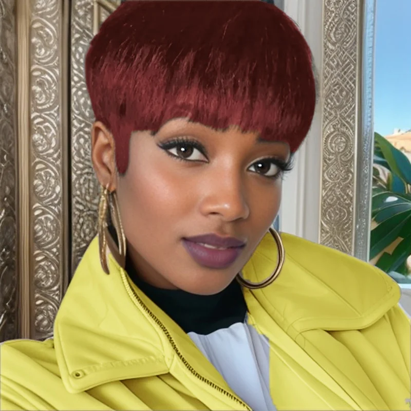 여성용 직선형 짧은 보브 가발 100% 인모 전체 기계 제작 가발