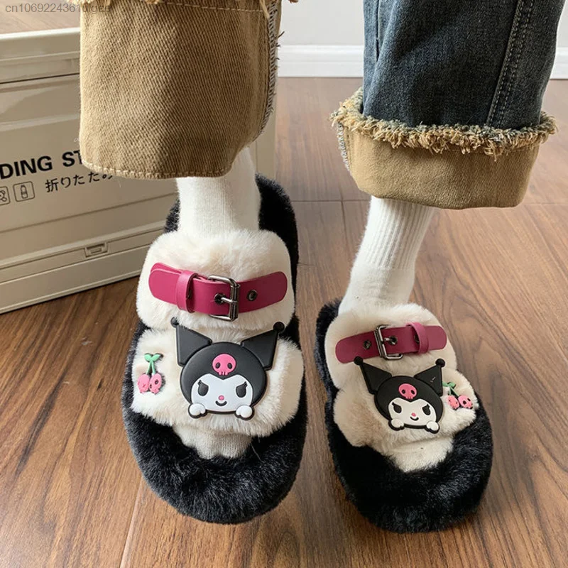 Sanrio Kuromi New Trend Fuzzy Slippers Y2k Girl Korean Fashion Thick Sole Shoes Women Cute Warm Plush Slippers Home Cotton Shoes