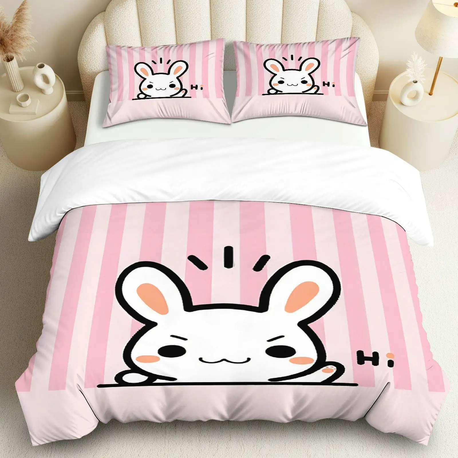 

3PCS Duvet Cover, 1 Duvet+2 Pillowcases(Without filler), Bunny Design Suitable for decoration Bedroom Living Room