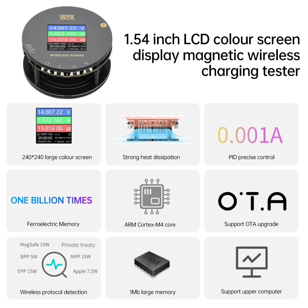 WPX-0001A Magnetic Wireless Charging Tester Multi-function Voltmeter Ammeter Power Meter Qi2 MPP 25W Fast Charging Protocol