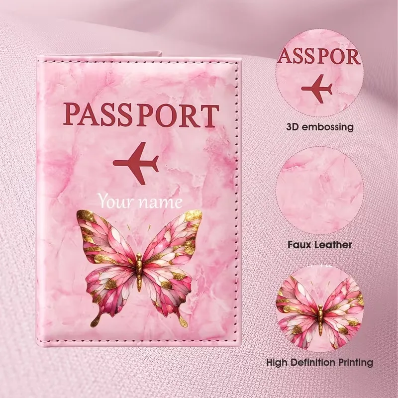 Custom Name Pastel Floral Art Design Passport Holder, Abstract Collage Pink Butterfly And Geometric Square Combination Pattern