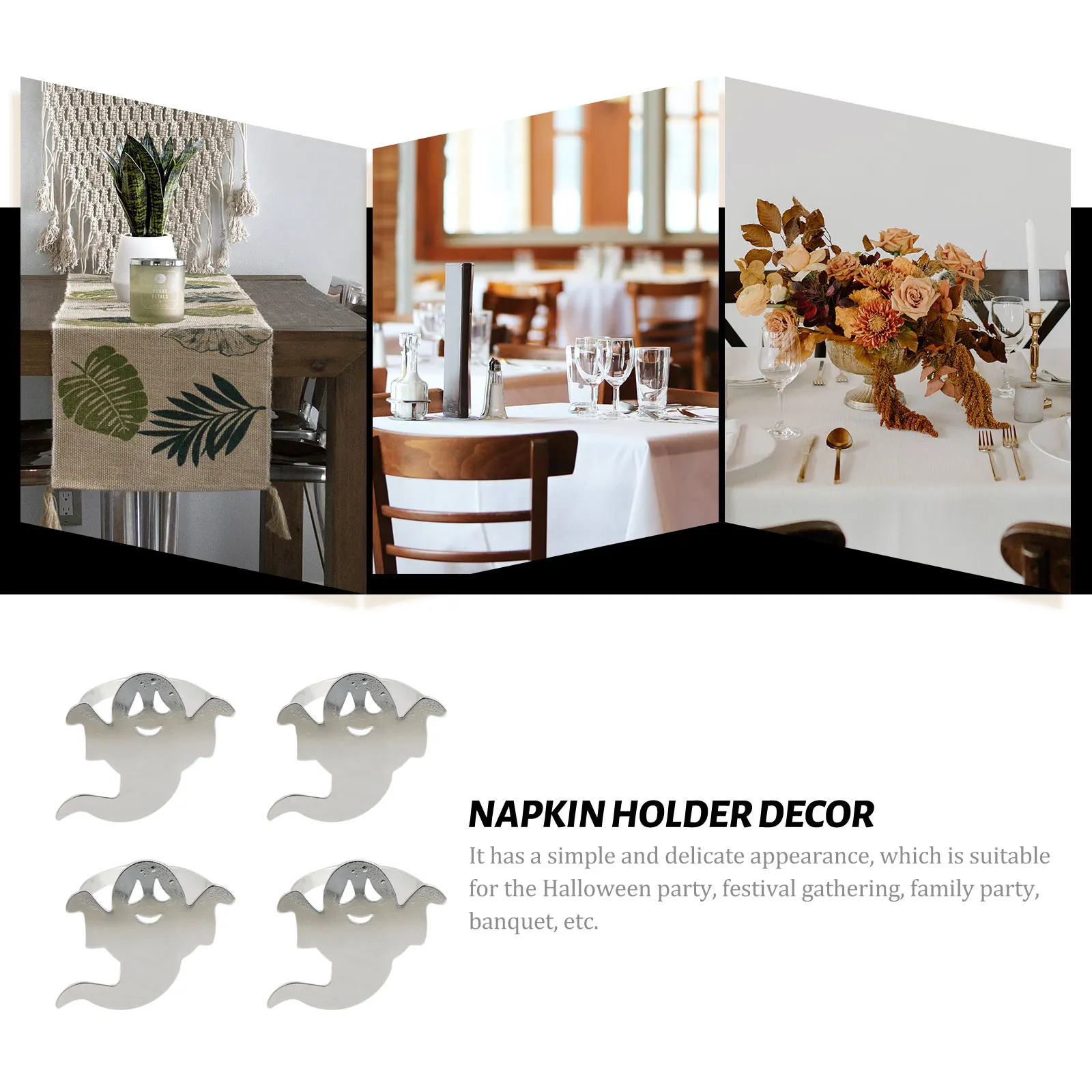 

4pcs Napkin Rings Ghost Design Alloy Material Dining Table Party Accessories Halloween Decor Kitchen Bar Supplies