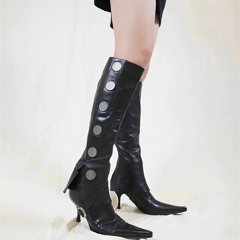 

Detachable Retro Coin High Heel Boots Women's over Knee Fashion Boots Sharp Pointed Toe Thin Heel Short Boots Metal Element