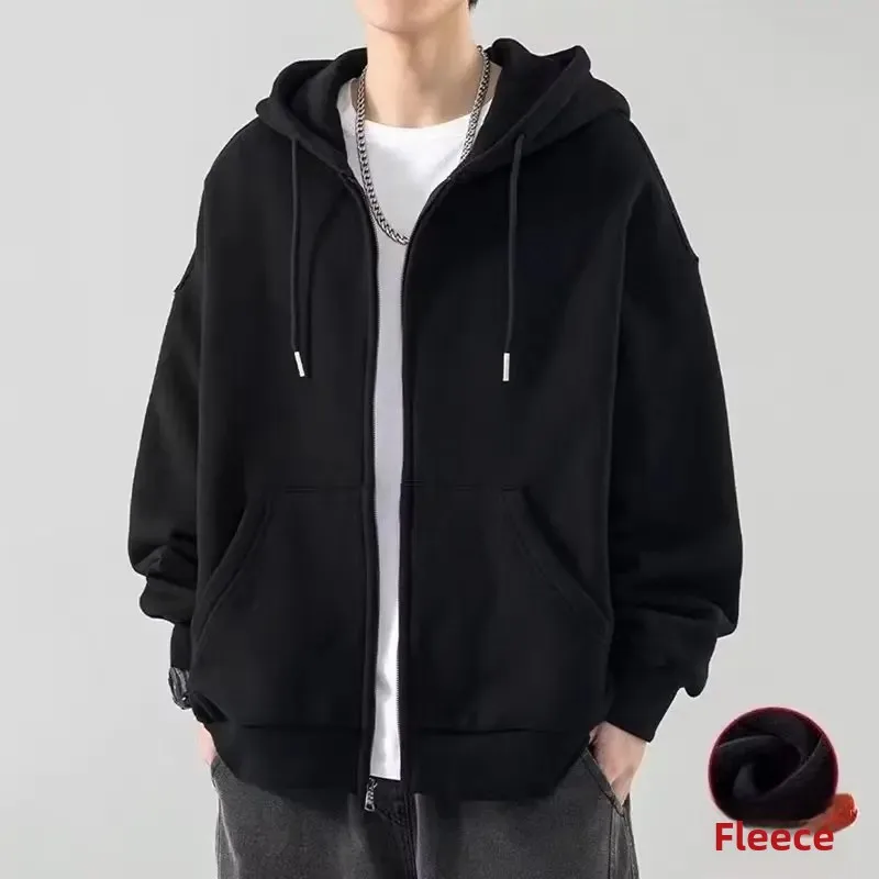 Zip-Up Fleece-Lined Solid Color Sweatshirt Autumn Winter New Simple Jacket Top Sports Hooded Jacket Trendy Men's Style