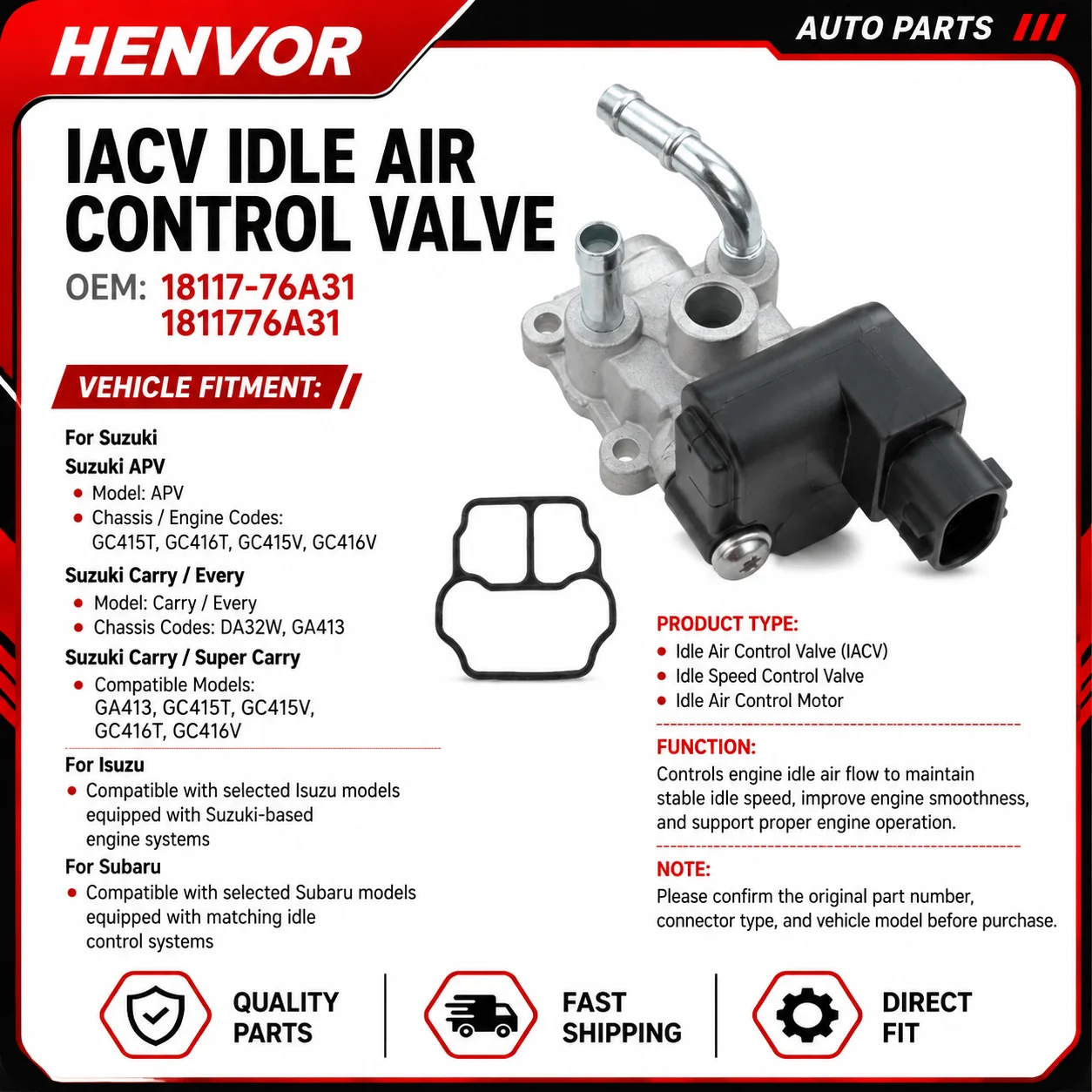 18117-76A31 Idle Air Control Valve IACV for Suzuki APV Carry Every DA32W GA413 Isuzu Subaru Replacement Part