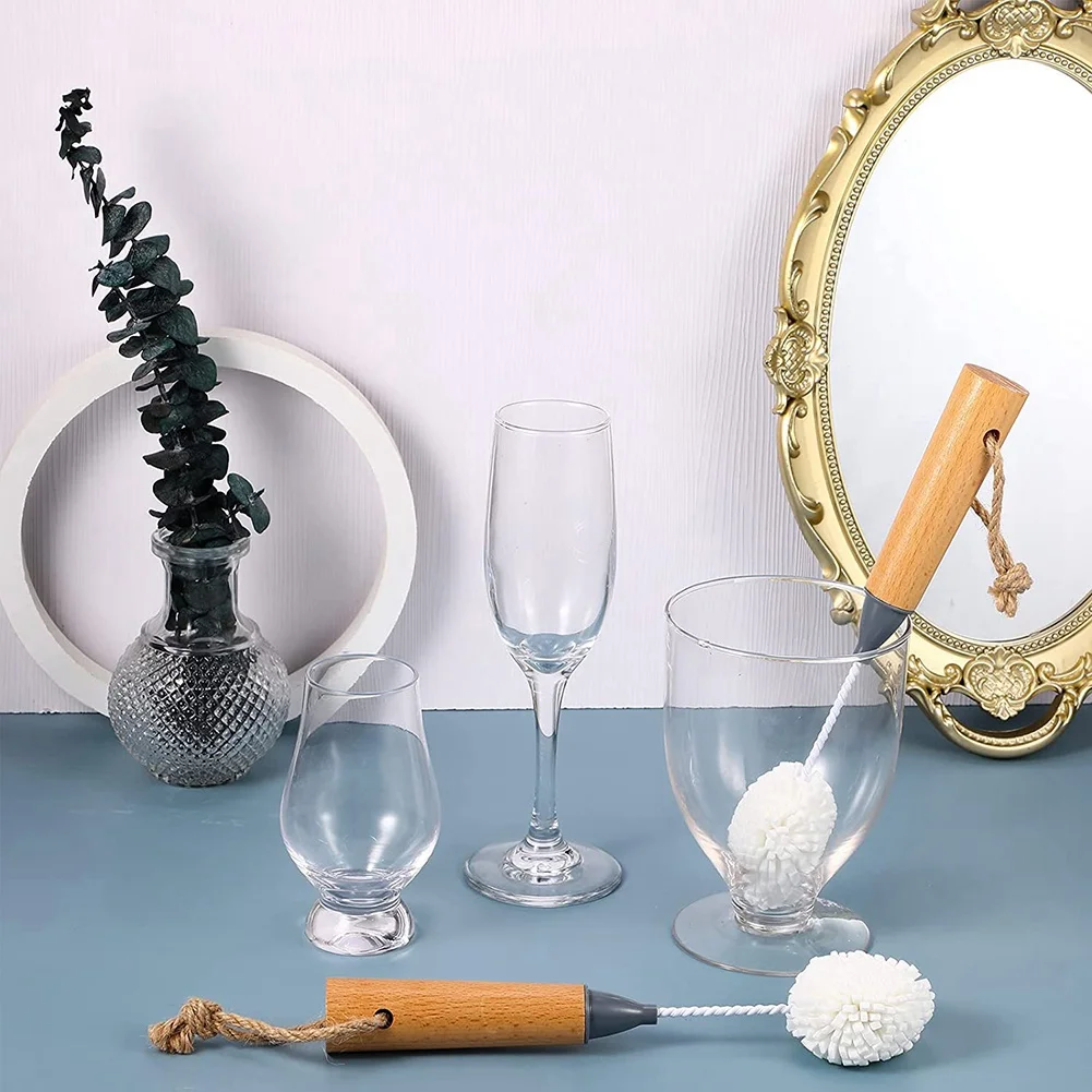 Wine Glass Cleaning Brush Flute and Stemware Brush Non Scratch Foam Bristle Brush with Wooden Handles