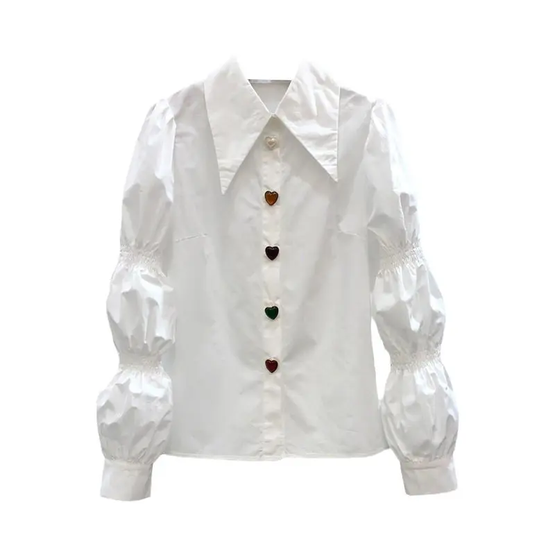 2023 Vintage Puff Bubble Sleeve Button Up Shirt Lady White Blouse Women Pointed Turn Down Collar Long Sleeve Cotton Tops