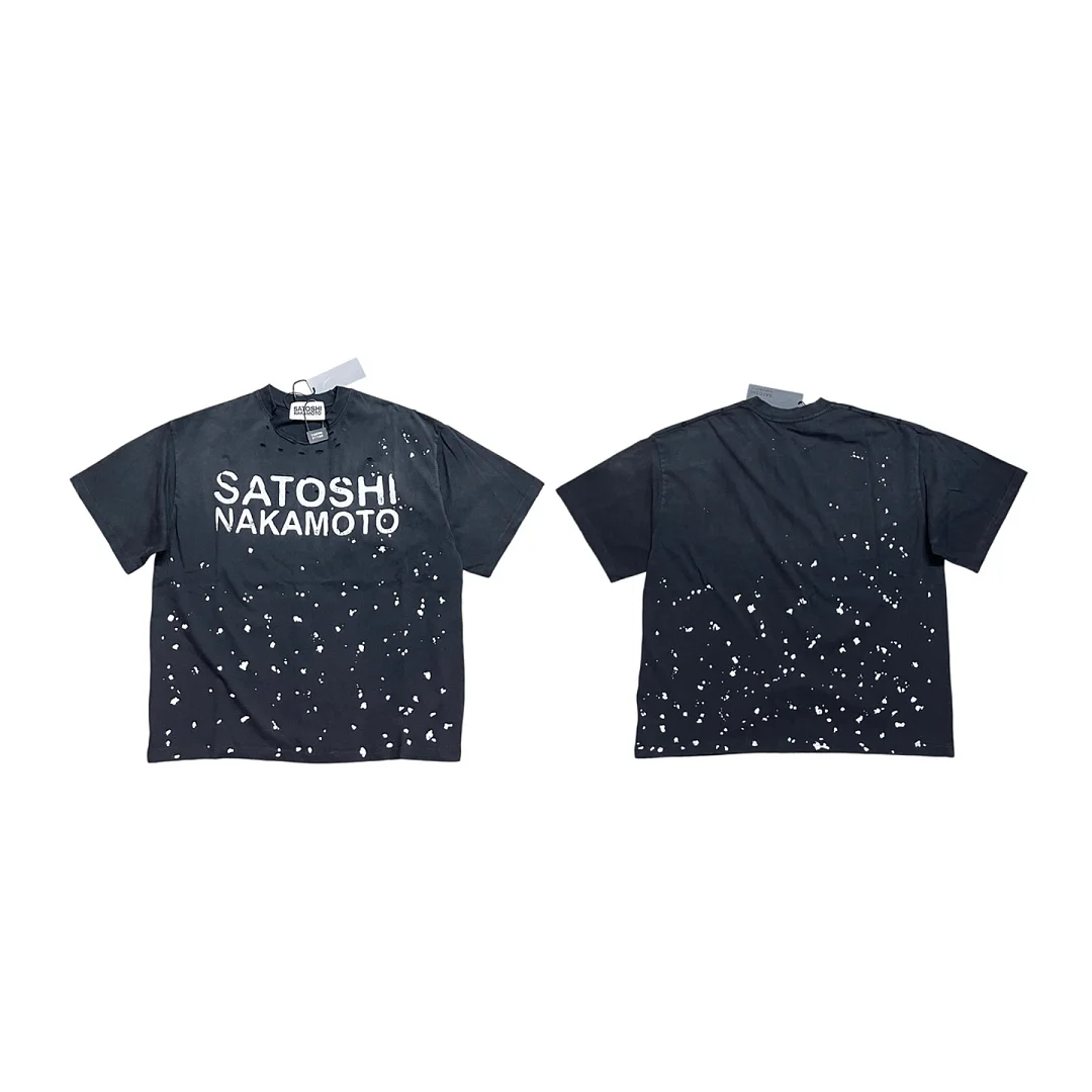 Streetwear Distressed Hole Splatter Print SATOSHI NAKAMOTO Letter T-shirt Men Oversized Loose Hip Hop Cotton Short Sleeve Tee