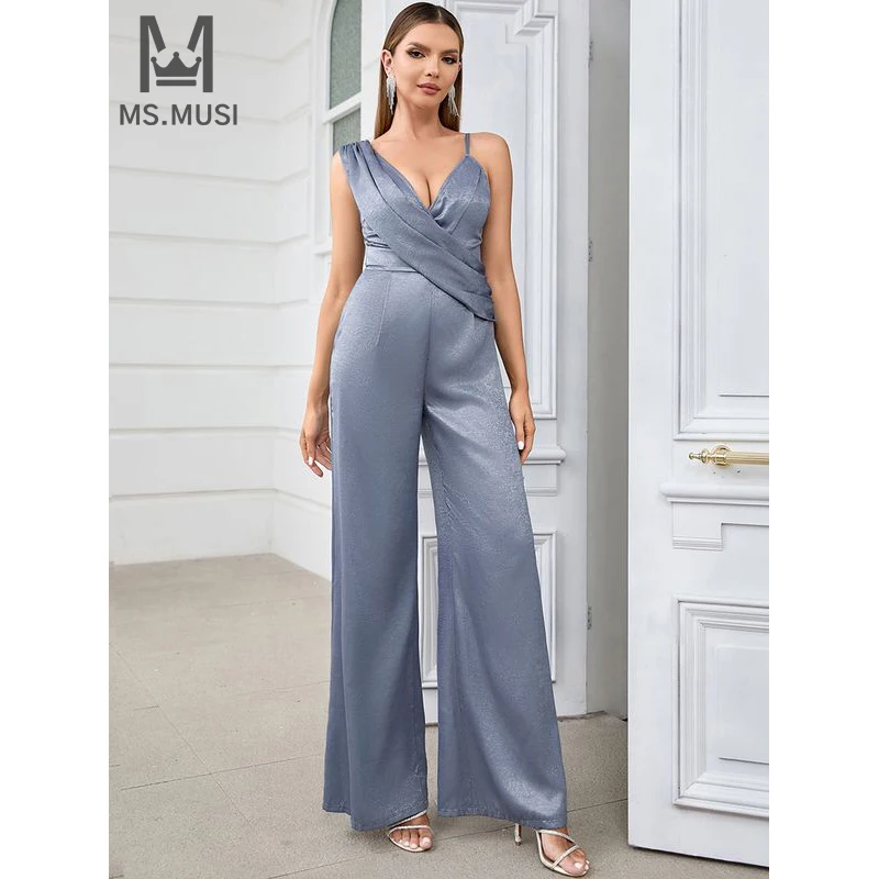 MSMUSI 2025 New Fashion Women Sexy Strap One Shoulder Sleeveless Backless Bodycon Party Club Flare Long Pant Lady Slim Jumpsuit