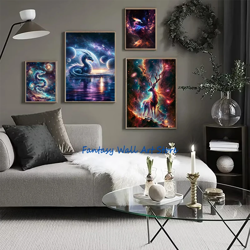 Cosmic Creatures Animals Nebula Mysterious Creature Dragon Milky Way Fantasy Art Poster Canvas Painting Wall Pictures Home Decor