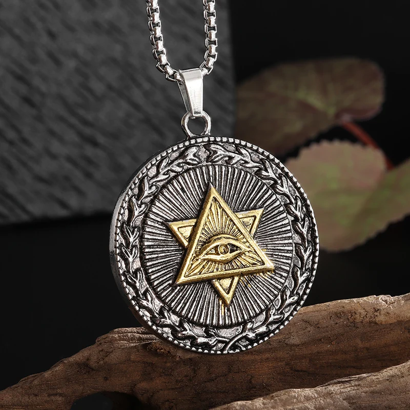 Creative Ancient Egyptian Pentagram All Seeing Eye Disc Pendant Necklace Men Women Hip Hop Punk Accessories Gift