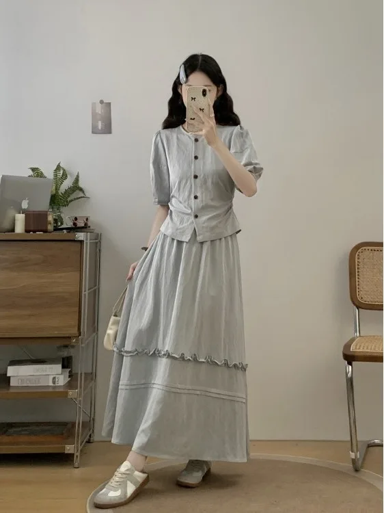 

Женская рубашка больших размеров с коротким рукавом, юбка-полусолнце с цветочным декором и высокой талией, модный корейский стиль, прямой крой, летняя, для повседневной носки