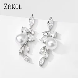 ZAKOL Elegant Luxury Water Drop Cubic Zirconia Leaf Dangle Earrings  for Women Fashion AAA CZ Bridal Wedding Jewelry EP5154